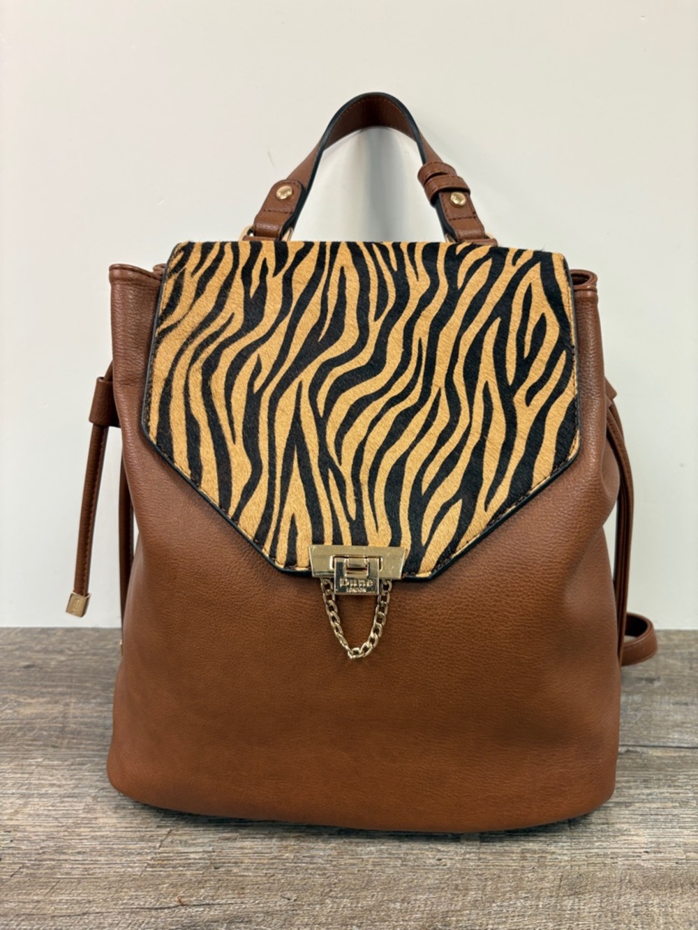 Dune London Leather Backpack Brown Zebra Calf Hair Flap Drawstring Bag NWT